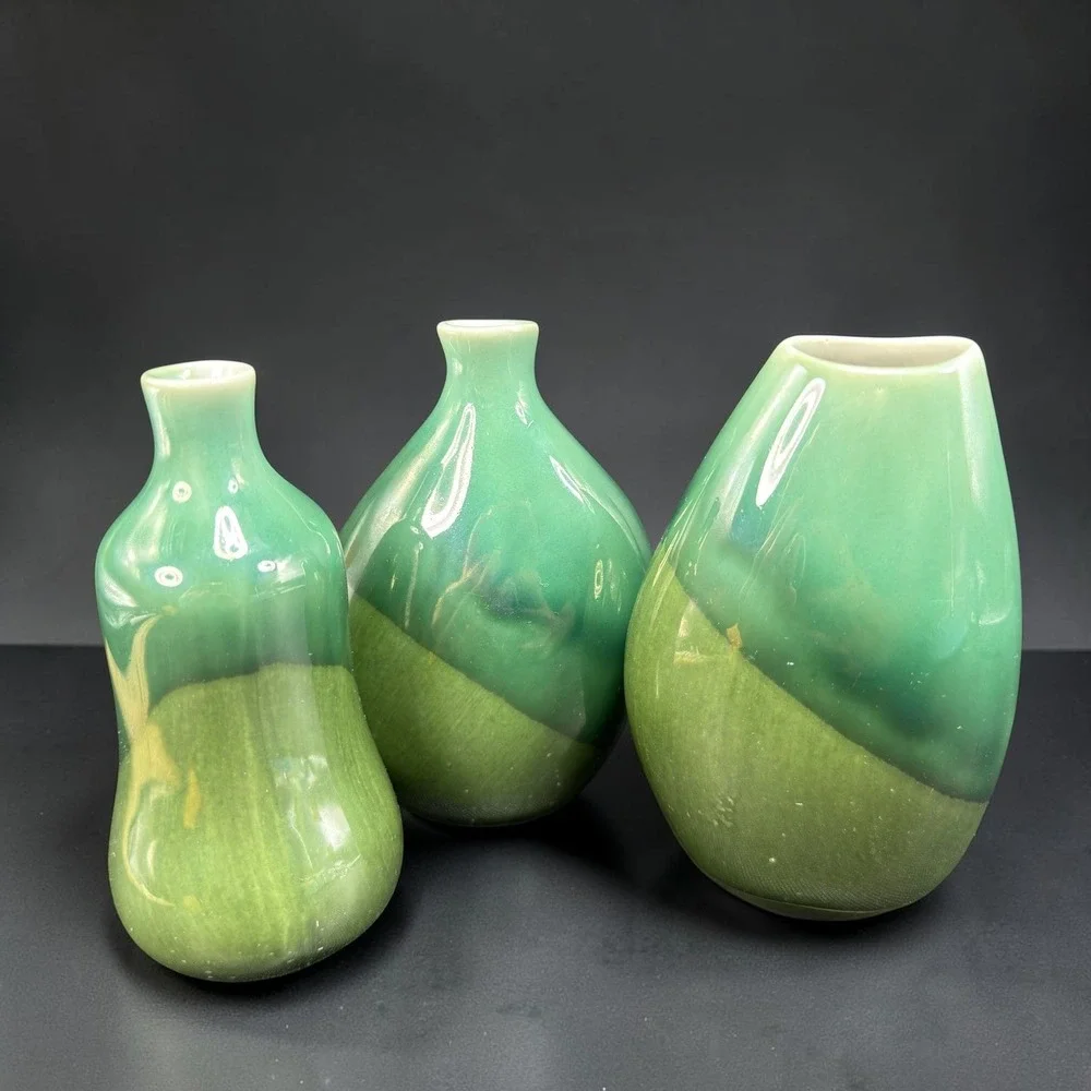 IKEA 3 Piece Bud Vase Set Green Two Tone Glazed Ceramic Organic Shape 4.5 Inch
